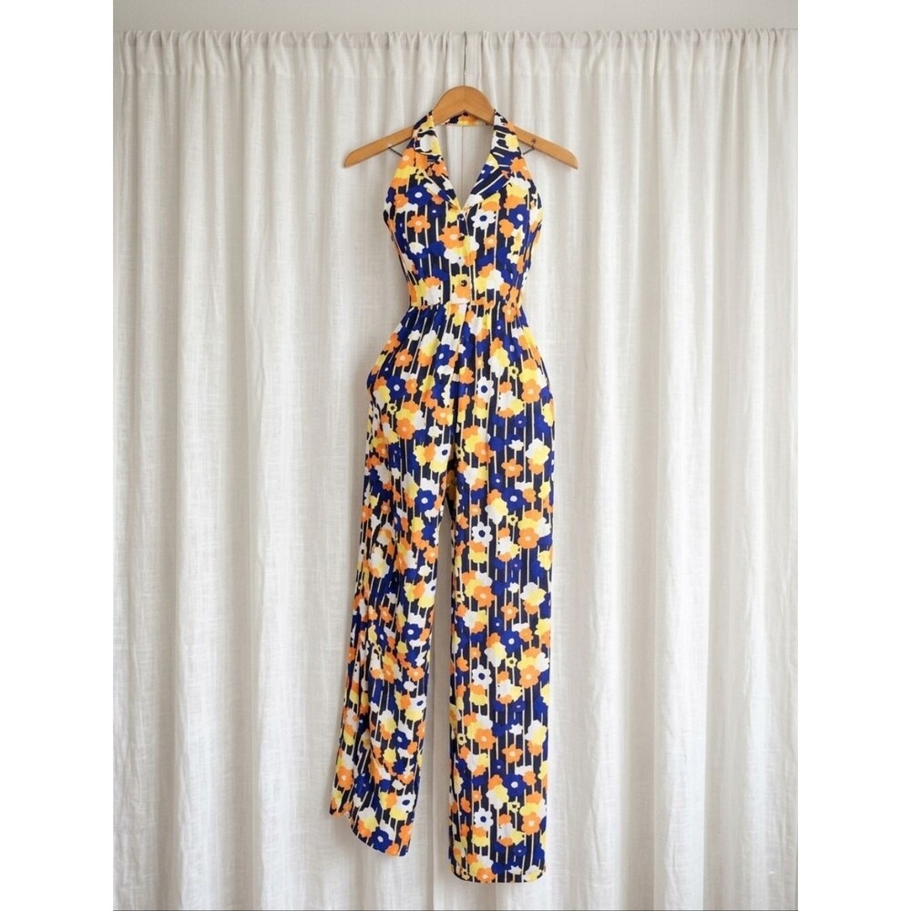 ModCloth Genuine Genius Halter Wide Leg Floral Linen Blend Retro Mod Jumpsuit
